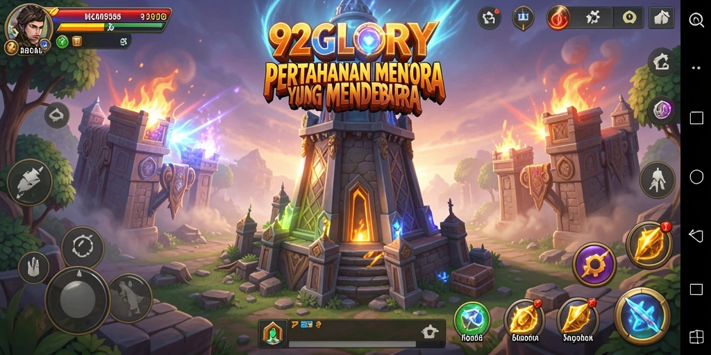 Tangkapan layar 92GLORY yang menampilkan pertahanan menara yang epik.