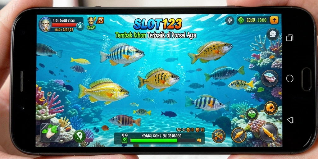 Tampilan gameplay SLOT123 yang seru saat menembak ikan.