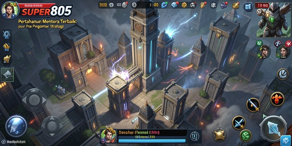 Tampilan gameplay SUPER805 dengan aksi menara pertahanan yang intens.